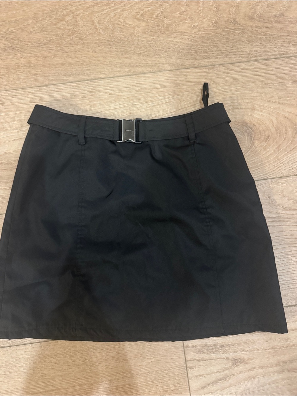 Prada Re-nylon Black Mini Skirt with Signature Buckle Italian 42